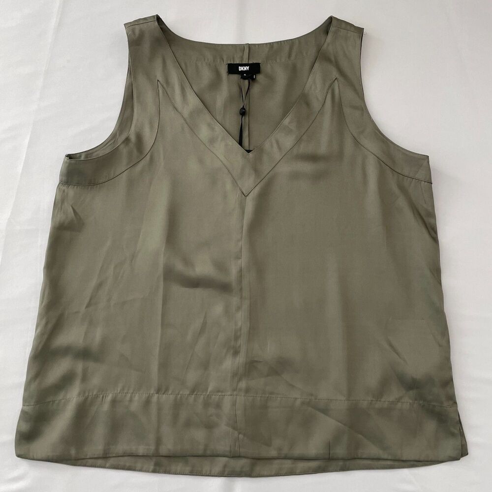 DKNY Womens XL Thyme Olive Green Sleeveless V Neck Blouse Top NWT